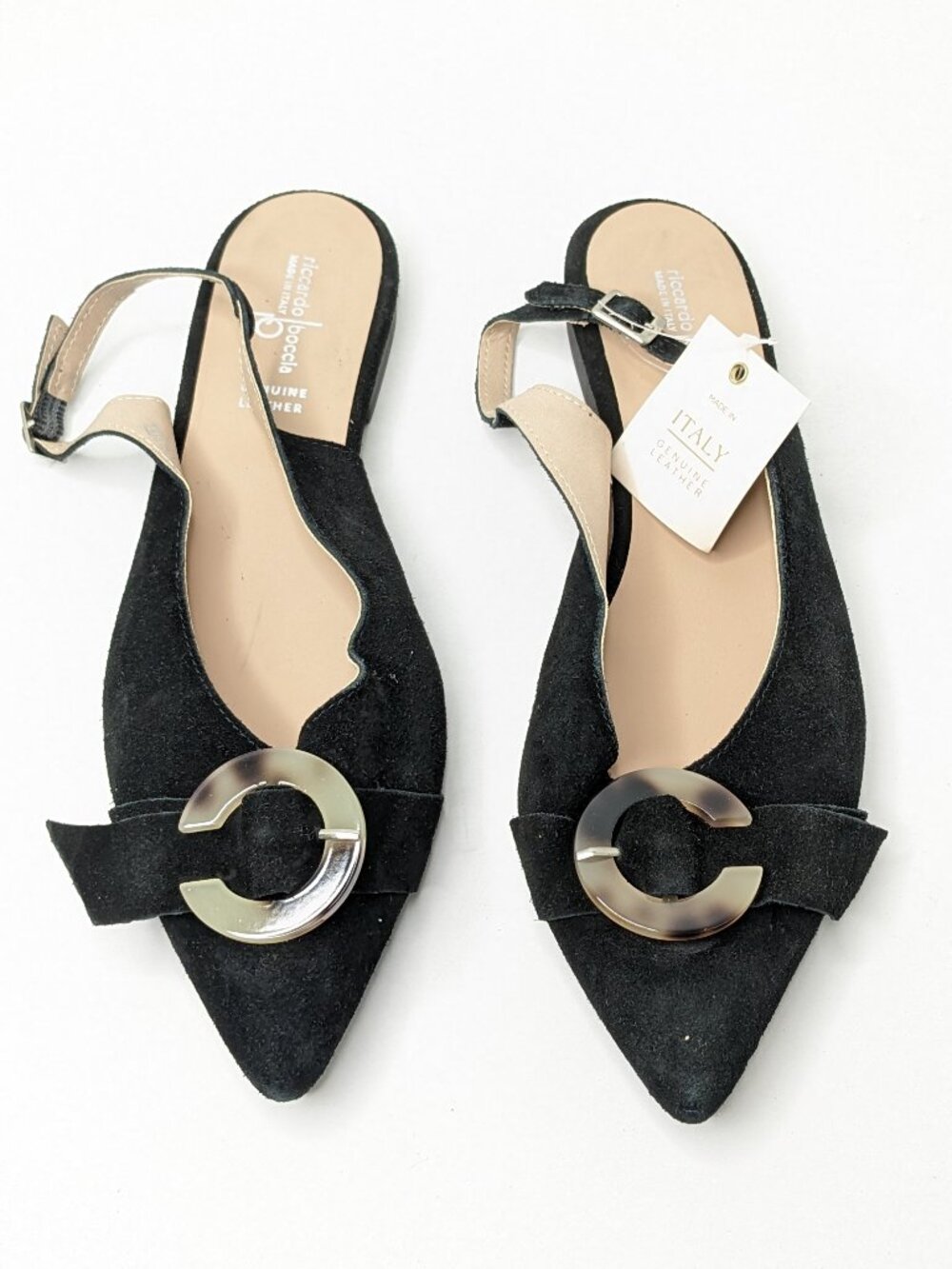 Riccardo Boccia Slingback Pointed Toe Flats Black Suede Women's 39 EU (US 8)